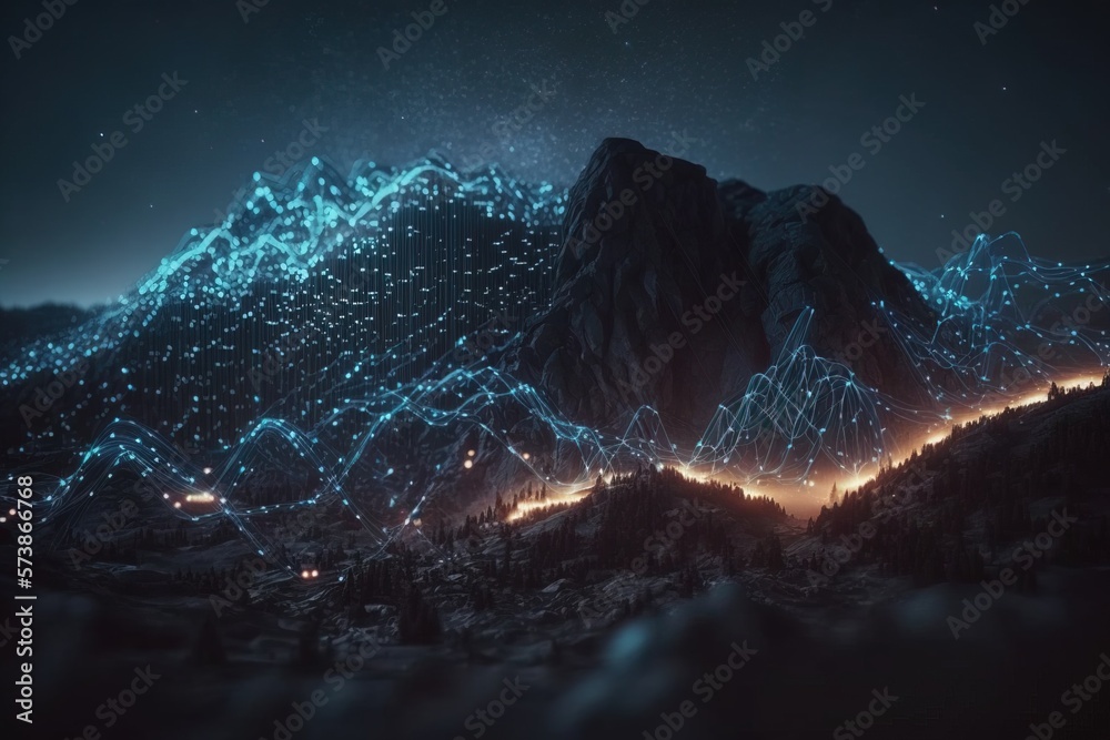 A mountain with a lot of lights on it and a sky filled with stars above it volumetric lights compute