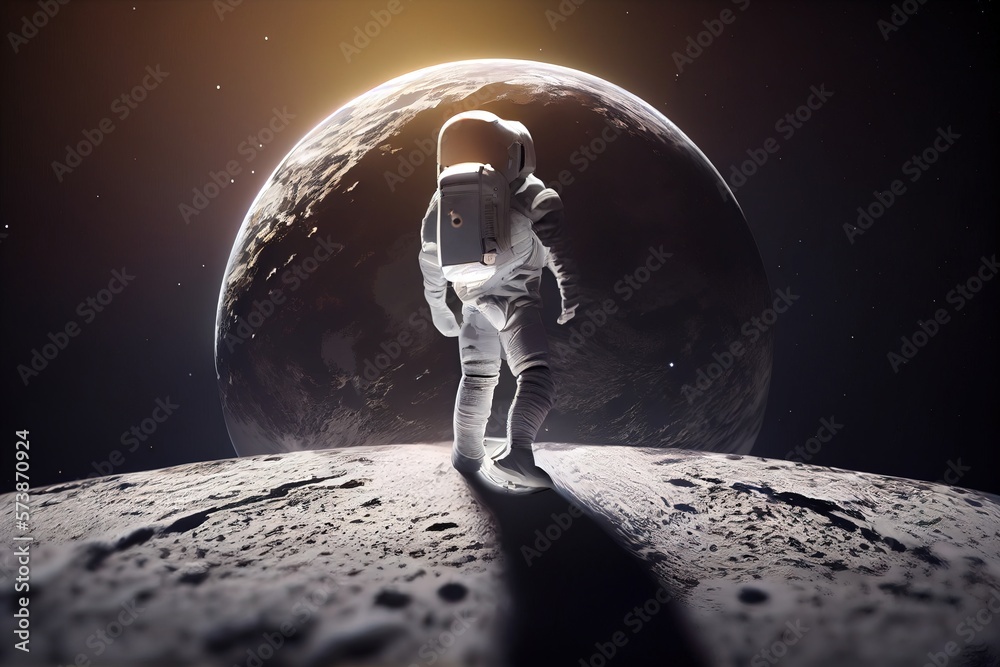 A man in a space suit standing on the moon with a space shuttle in the background redshift render an