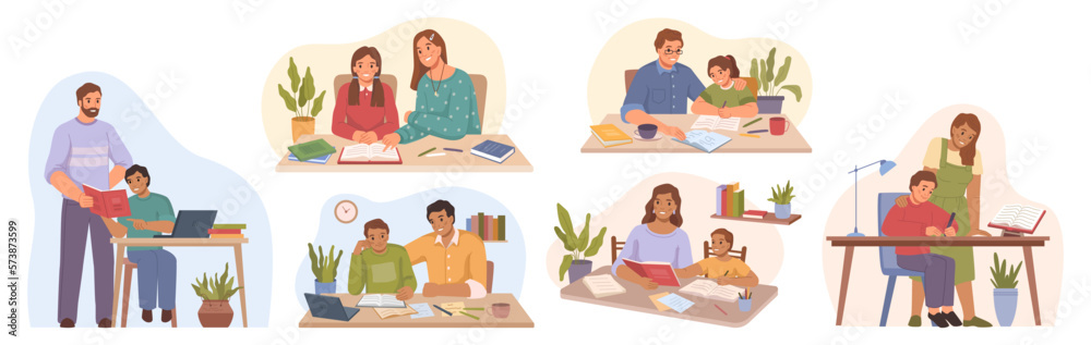 Mom and dad helping children with homework tasks and assignments from school. Parenting and helping 