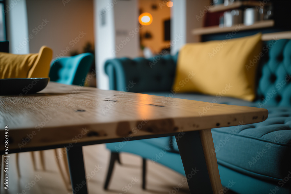 Wooden tabletop in living room, Generative AI