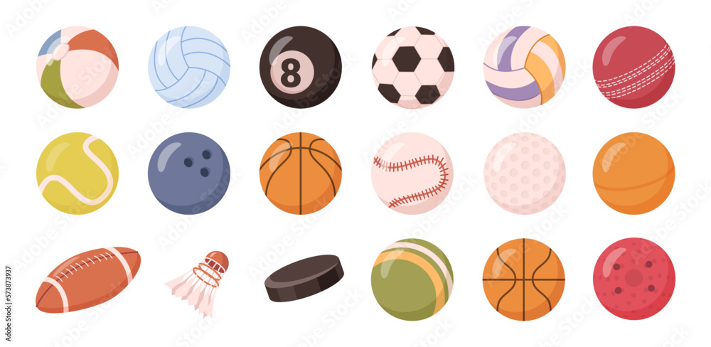 Sports hobby, ball equipment for football, basketball and volleyball. Isolated icons of ball for ten