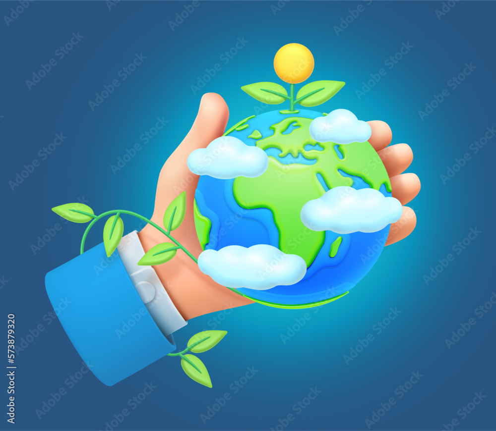 Earth day, planet globe with spouts and blooming flower covered with clouds, in hand of person. Prot