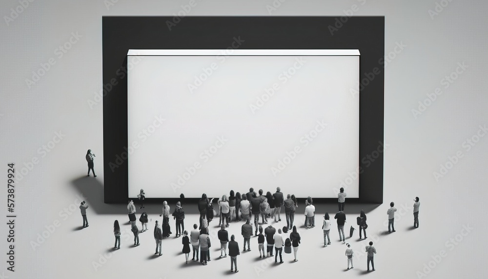 A group of people standing in front of a large screen with a white background on it cinema a digital