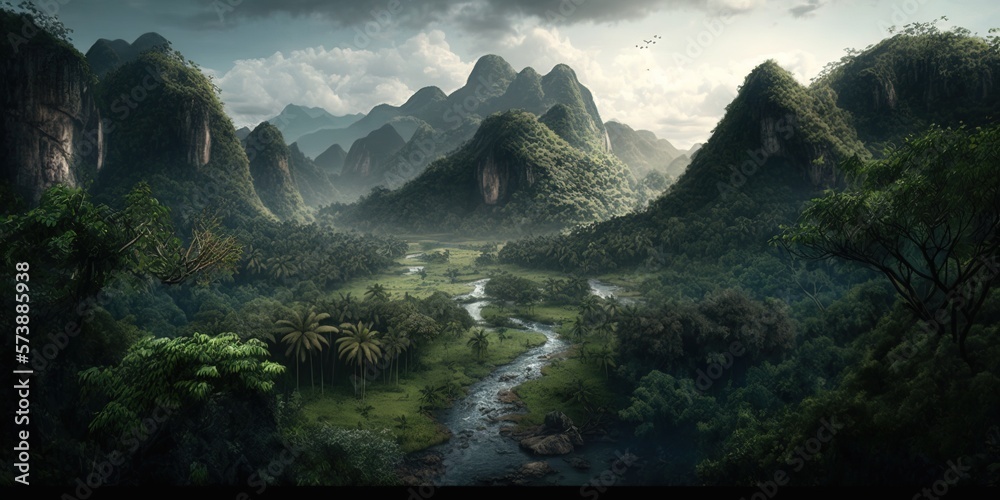 A painting of a river running through a lush green forest filled with mountains and trees matte fant