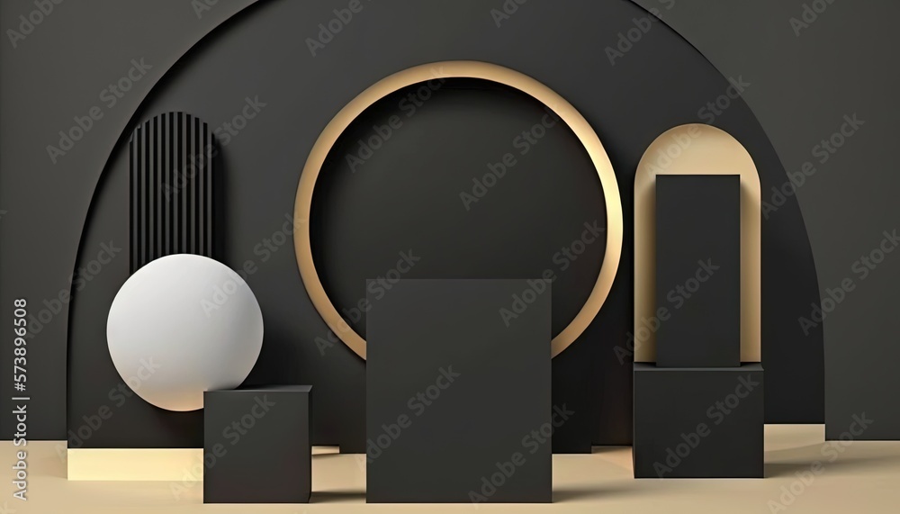  a group of black and gold objects sitting on a table next to a black wall with a round mirror on it