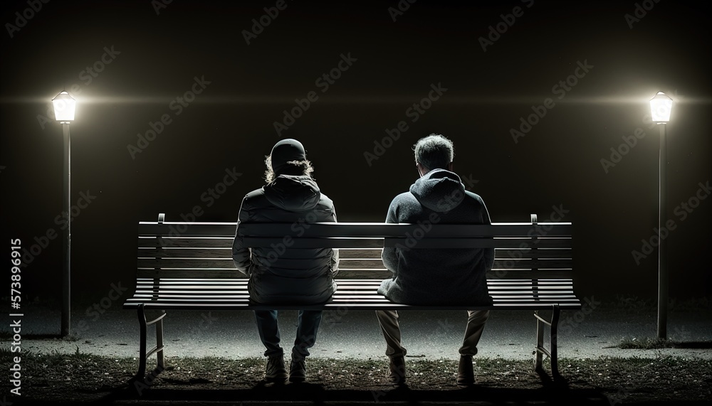  two people sitting on a bench at night under a street light with their backs to each other, facing 