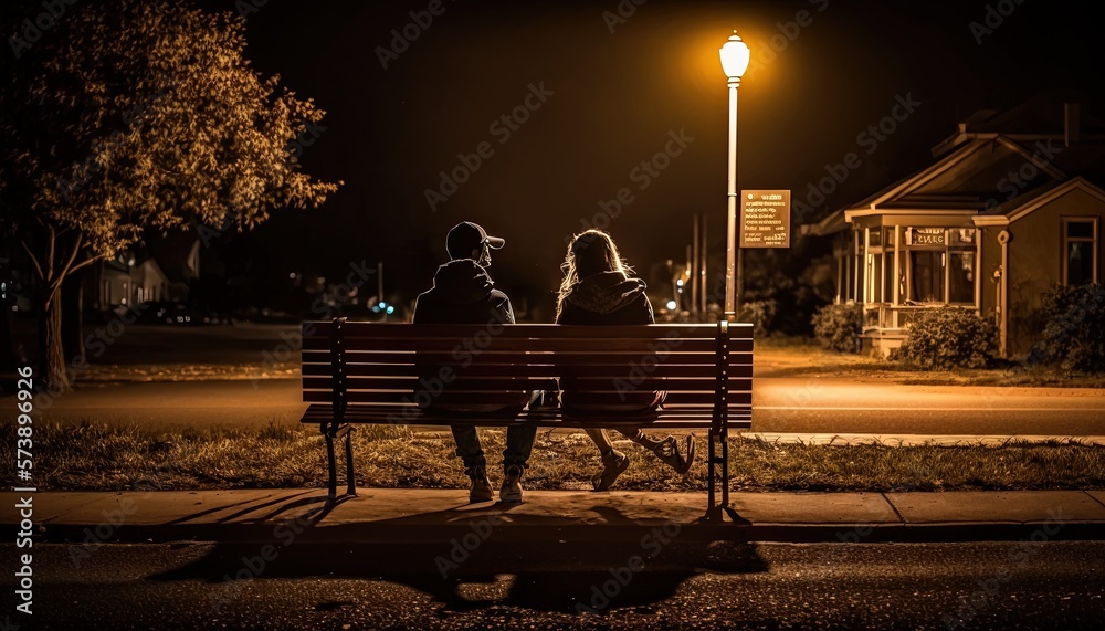  three people sitting on a bench at night in a park area with a street light in the background and a