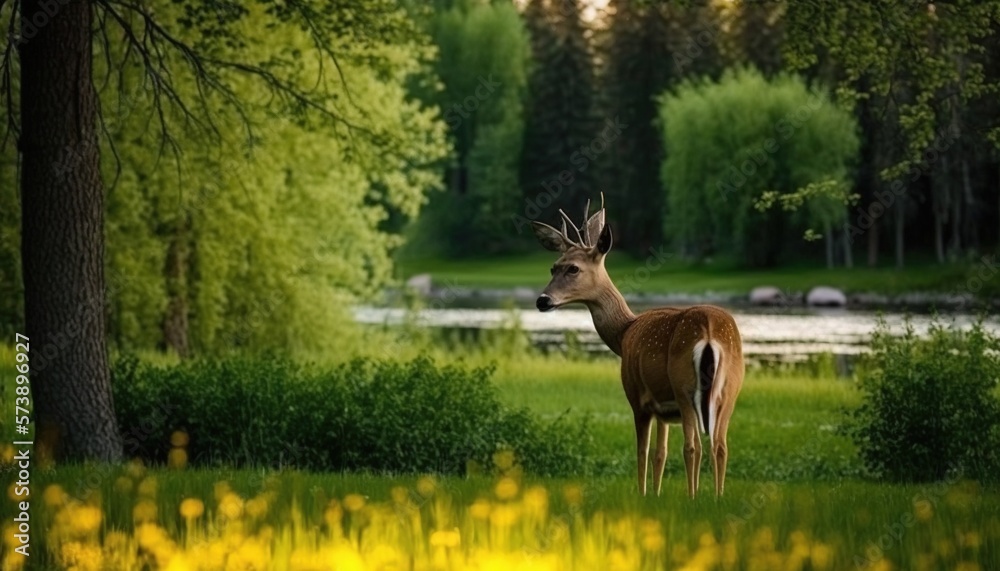  a deer standing in the middle of a lush green field next to a forest filled with yellow wildflowers