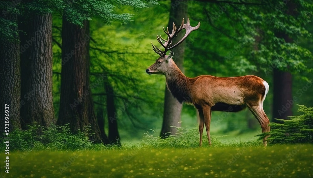  a deer standing in the middle of a forest with tall grass and trees in front of it, with a green ba