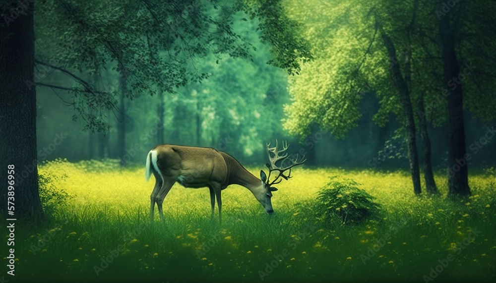  a painting of a deer grazing in a green forest with tall grass and trees in the foreground, with ye