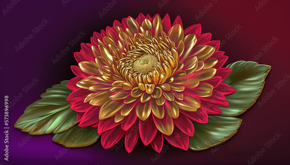  a red and gold flower with green leaves on a purple and red background with a name written in gold 