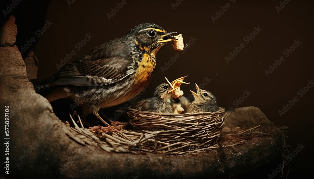  a mother bird feeding her babies in a nest with a worm in its mouth and a worm in its mouth, on a d