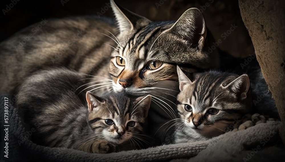  a group of three cats laying next to each other on a blanket on a bed in a dark room with one cat l