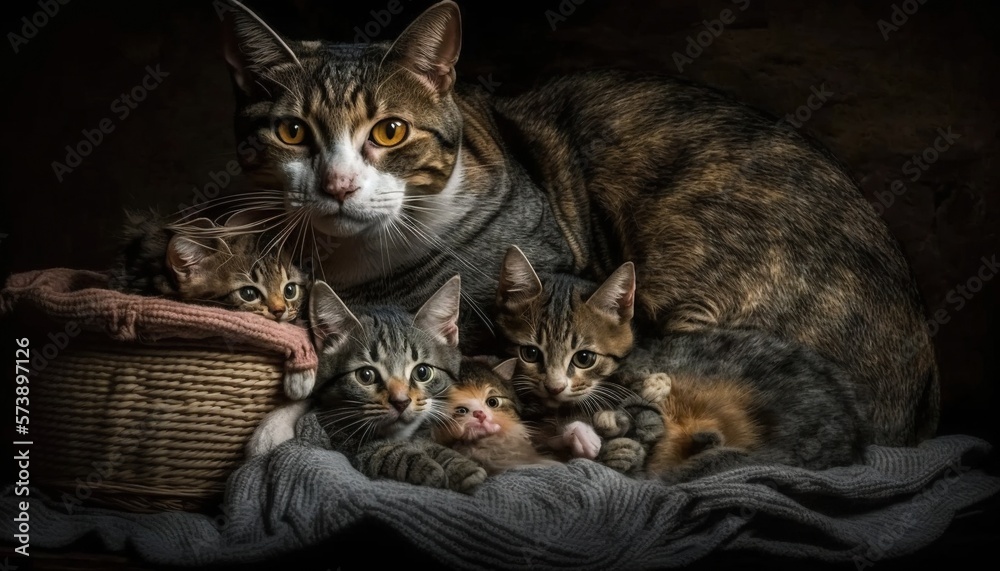  a group of cats sitting next to each other in a basket on a blanket in a dark room with a black bac