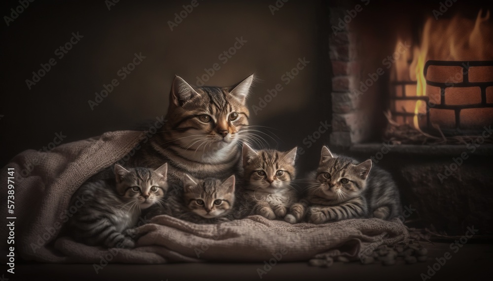  a group of kittens sitting on a blanket in front of a fire place with a fireplace in the background