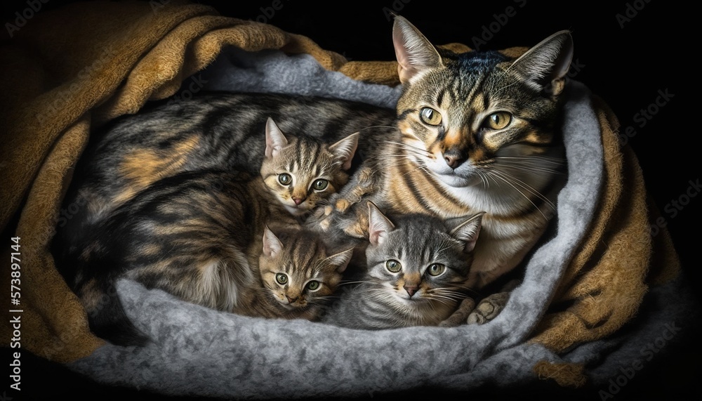  a group of cats laying in a bed together on a blanket on a black background with a yellow blanket a