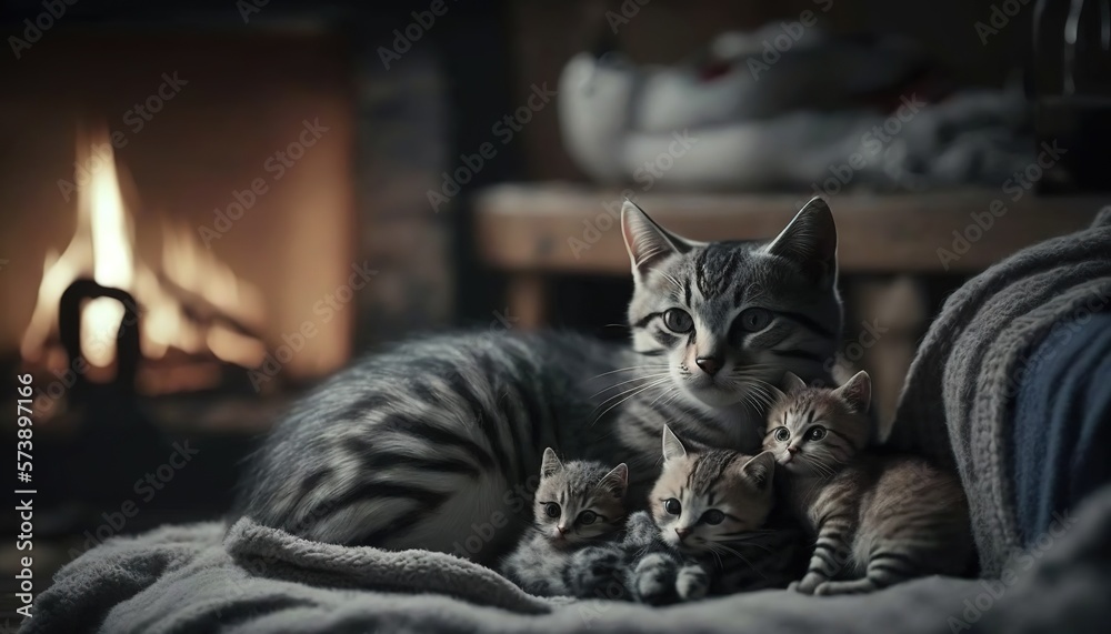  a group of kittens sitting on a couch in front of a fire place in a living room next to a couch and