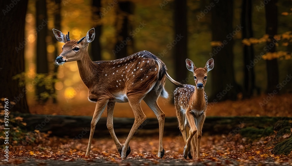  a couple of deer standing next to each other on a forest floor covered with leaves and trees in the