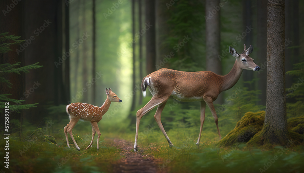  a deer and a fawn are walking in the woods together in front of a tree trunk and a path in the fore