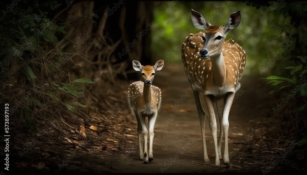  a couple of deer standing on a dirt road next to a forest filled with green leaves and trees with a