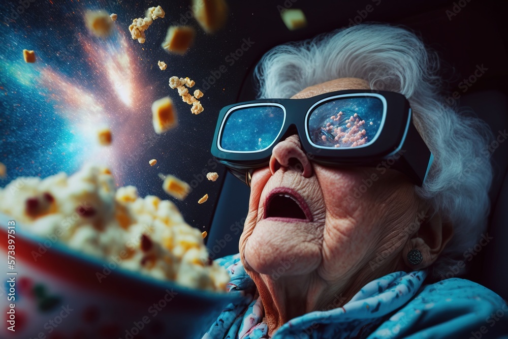 An old woman wearing 3d glasses watching a movie in a movie theater with popcorn falling out of the 