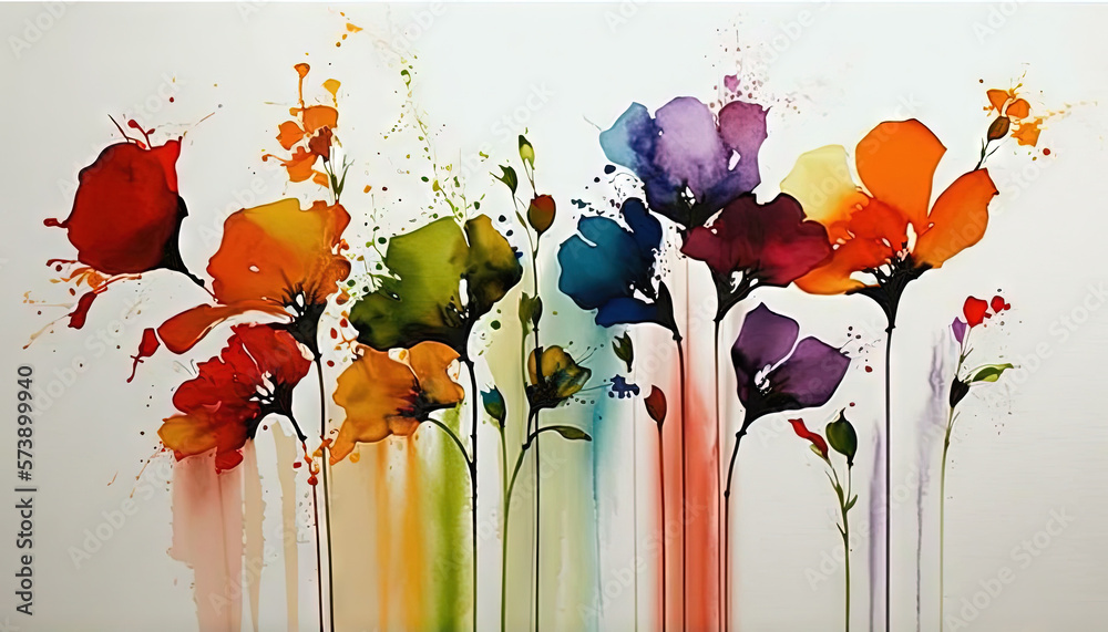  a painting of colorful flowers on a white background with a rainbow of colors in the middle of the 