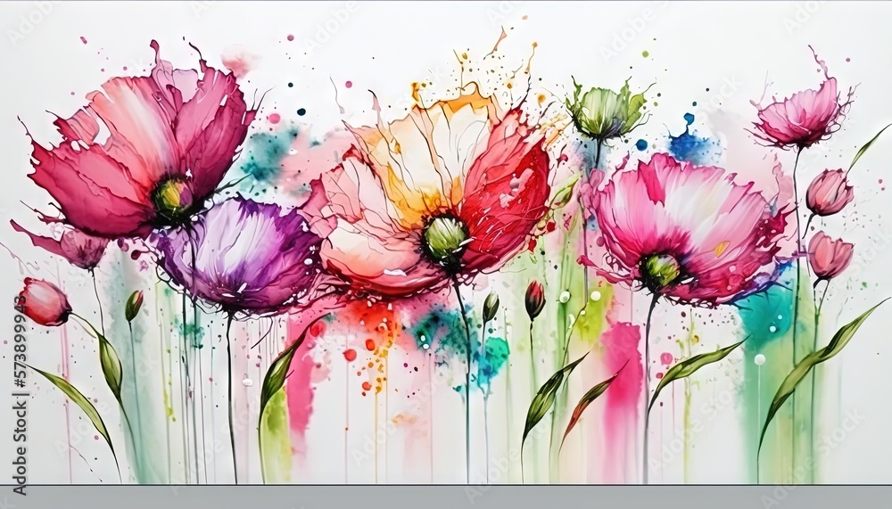  a painting of flowers painted on a white background with watercolor splashs on the petals and the p