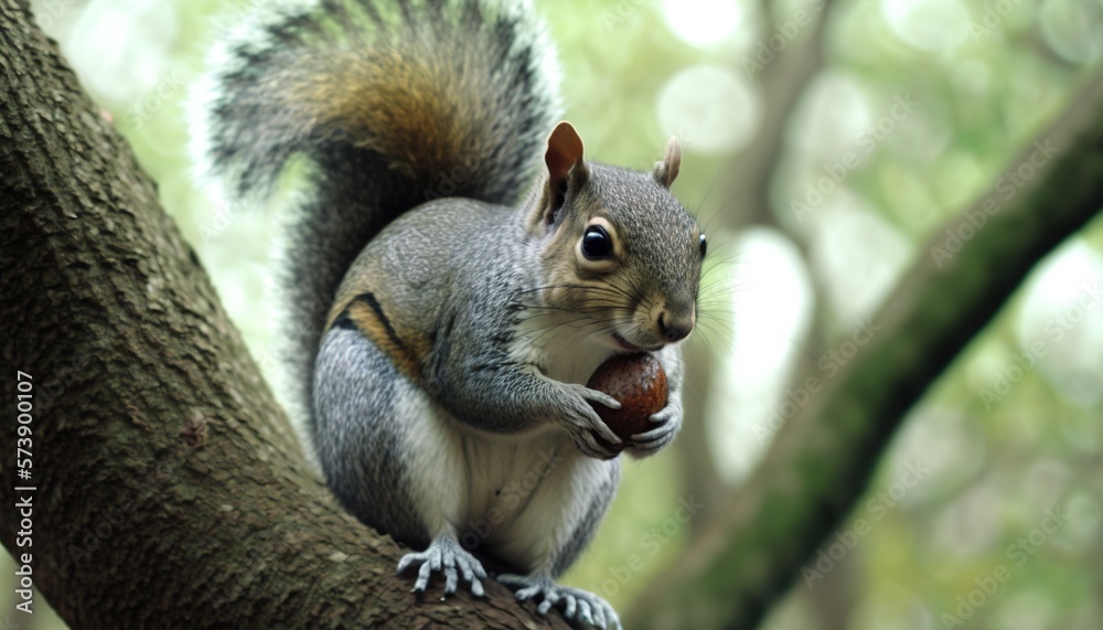  a squirrel is sitting on a tree branch eating a piece of food in its mouth and looking at the camer