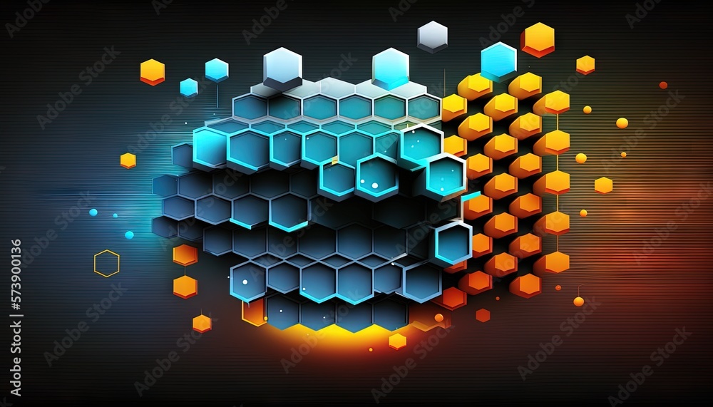  a colorful abstract background with hexagons and cubes on a black background with a yellow and oran