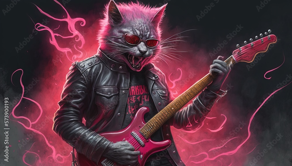  a painting of a cat with a guitar in his hand and a red light behind it that is shining in the dark