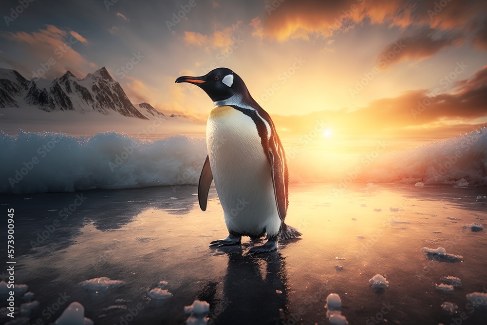 A penguin standing on ice in front of a sunset with mountains in the background and clouds in the sk