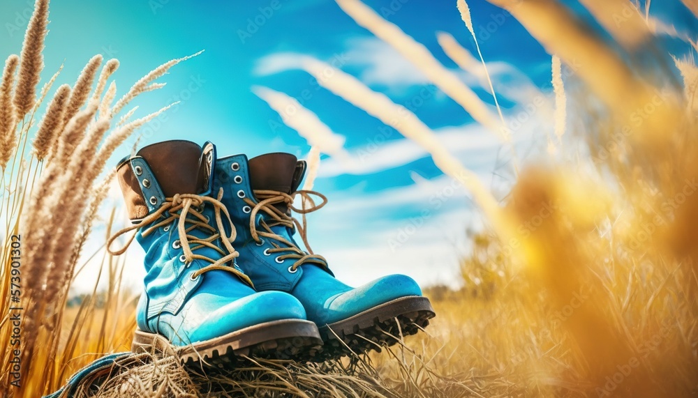  a pair of blue boots sitting on top of a dry grass field next to a tall grass field with blue sky a