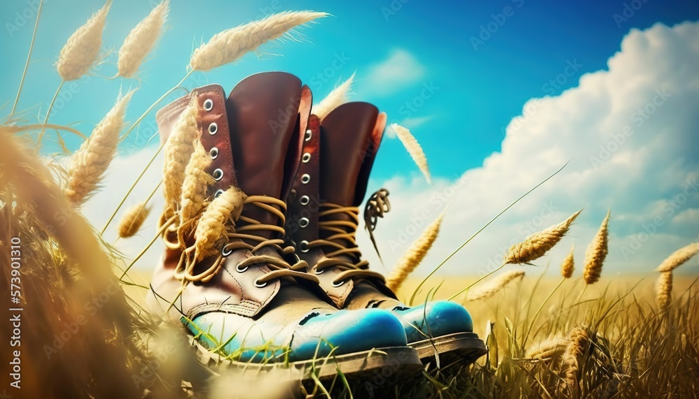  a pair of boots sitting on top of a grass covered field next to a blue shoe in the middle of a fiel