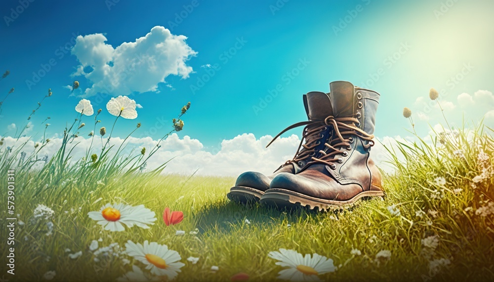  a painting of a pair of boots sitting in a field of daisies with a blue sky and clouds in the backg