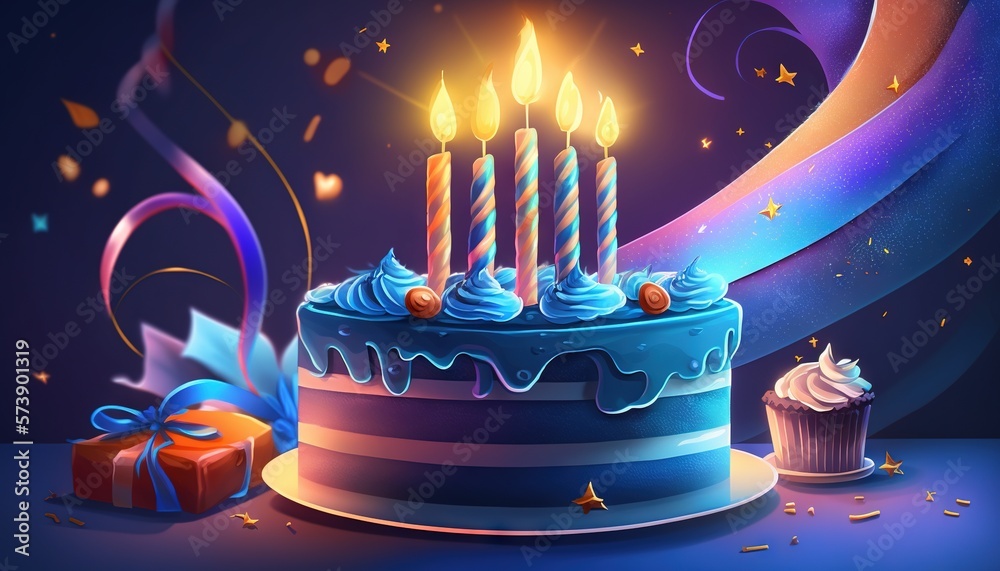  a blue birthday cake with lit candles and a gift under a stream of streamers and confetti on a blue