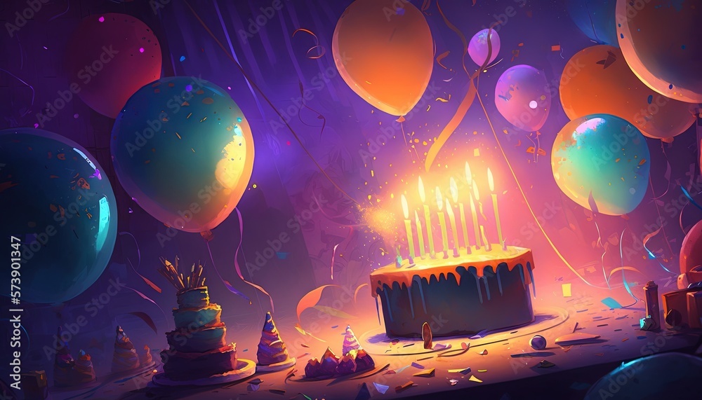  a birthday cake with lit candles surrounded by balloons and confetti on a purple and purple backgro