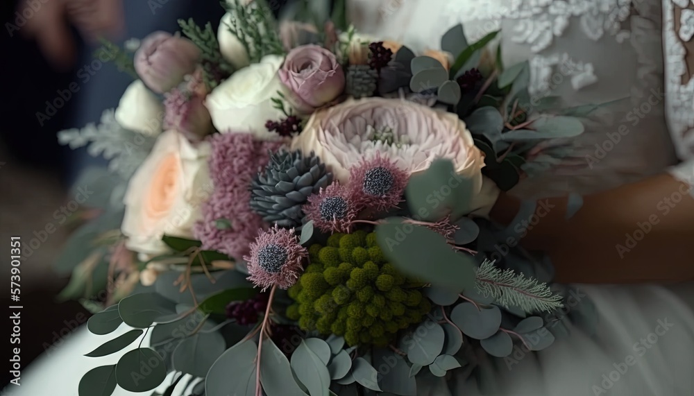  a bride holding a bouquet of flowers and greenery in her hands and a man in the background looking 