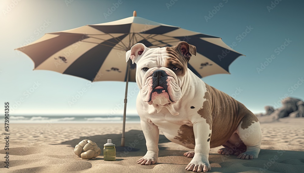  a dog sitting on a beach with an umbrella and a ball in front of it and a bottle on the ground next