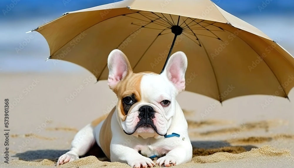  a dog laying on the beach with an umbrella in its mouth and its head on the sand with its paws on