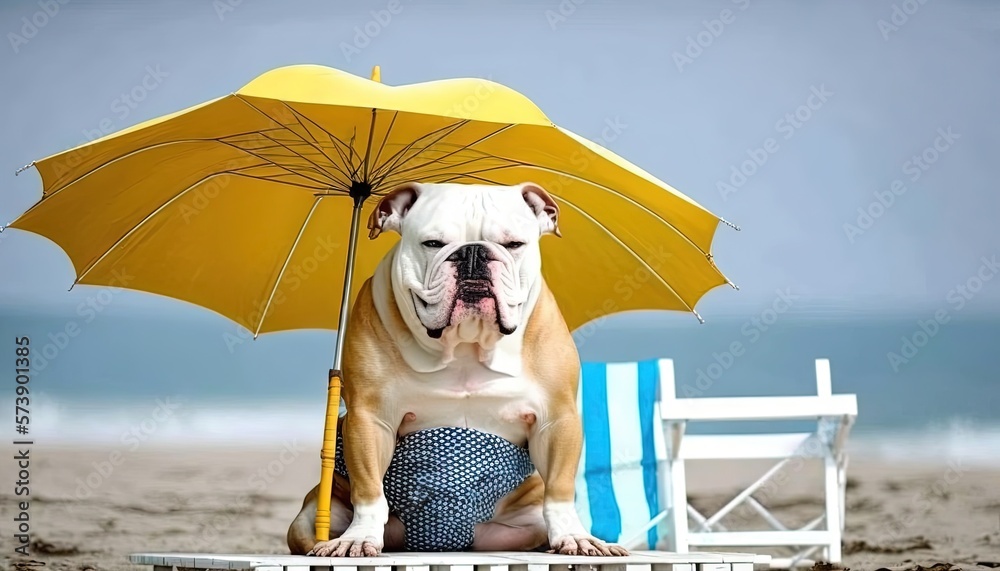  a bulldog sitting on a beach chair with an umbrella over its head and a blue and white striped bea