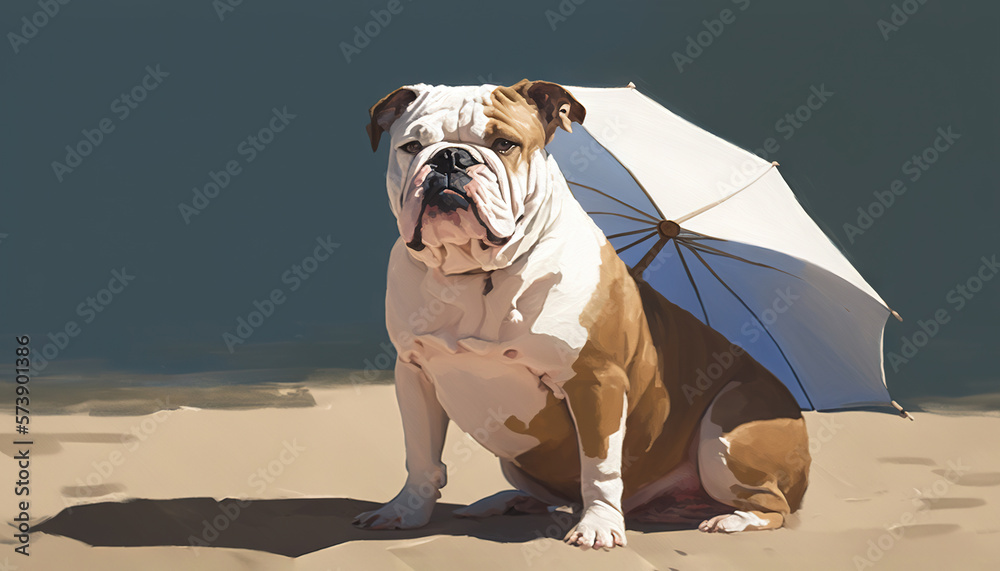  a dog sitting on the beach with an umbrella in its mouth and its paw on the dogs leg, while its 