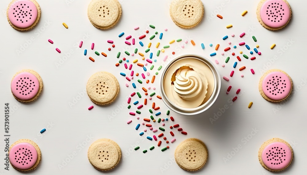  a cup of coffee and some cookies on a white table with sprinkles and sprinkles around it on a white