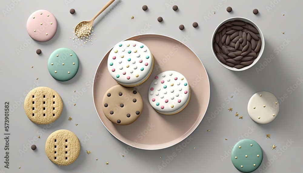  a plate of cookies and a bowl of cookies on a gray surface with chocolate chips and sprinkles aroun