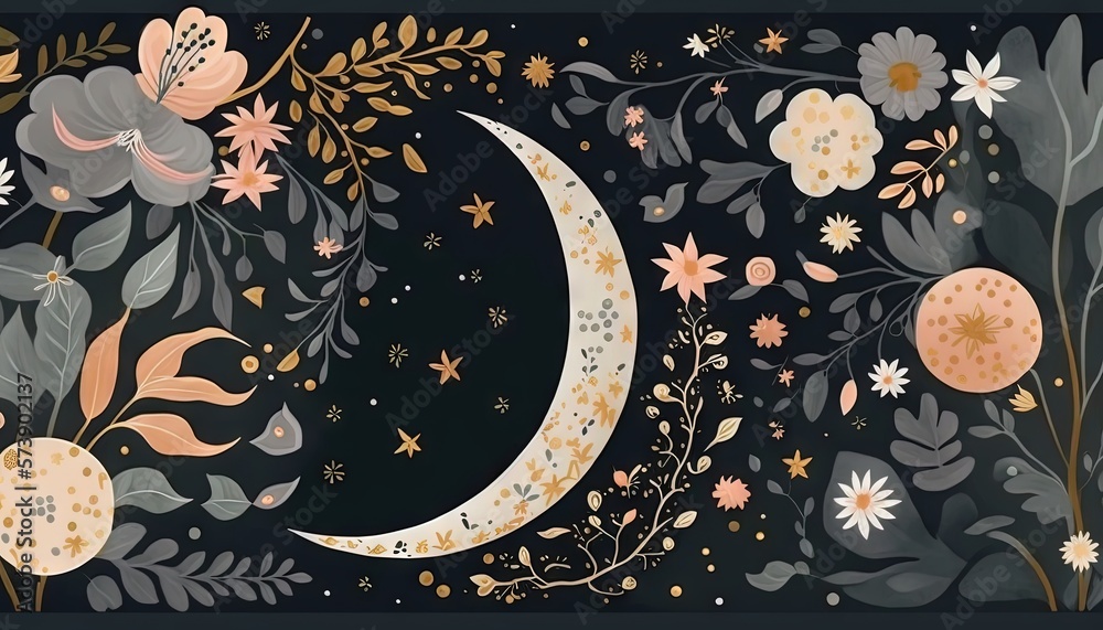  a painting of a crescent with flowers and leaves around it on a black background with gold and whit