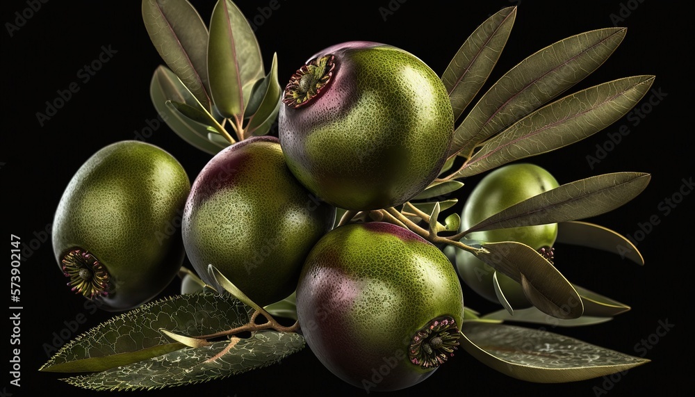  a bunch of fruit sitting on top of a green leafy branch with green leaves on top of it and a black 