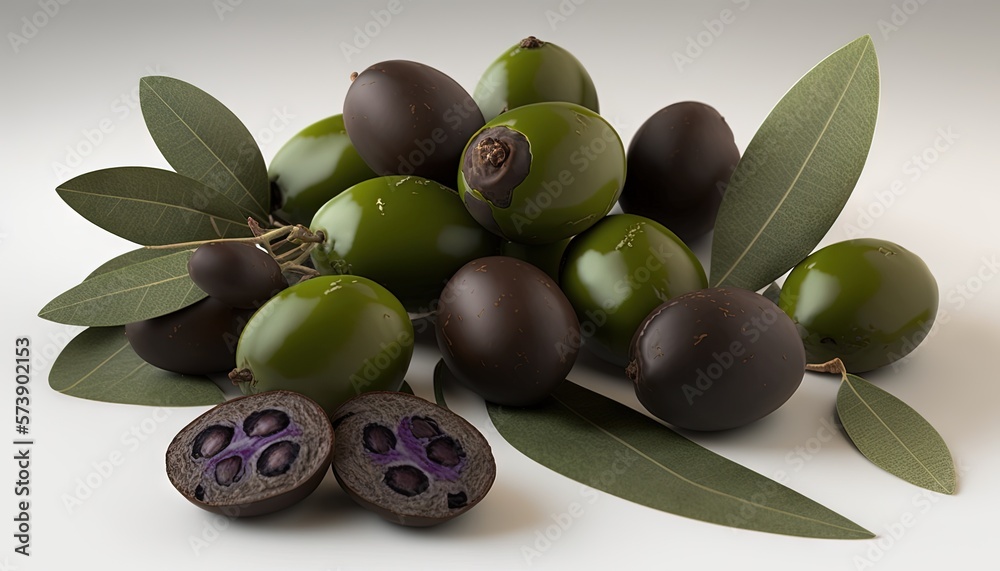  a pile of olives with leaves and a cut in half one of the fruits is green and the other is dark bro