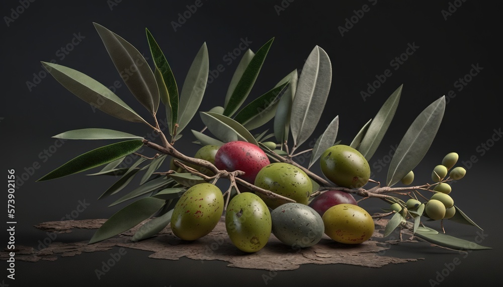  a bunch of olives on a branch with leaves on a black background with a red dot in the middle of the