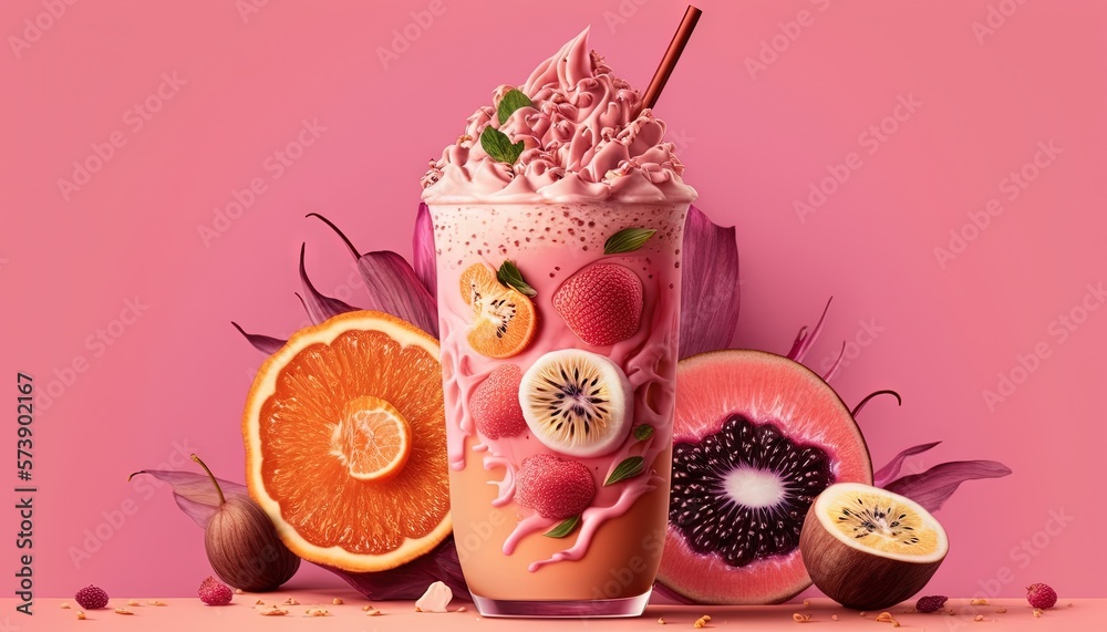  a pink smoothie with fruit on the side and a strawberries on the side and a dragon fruit on the top