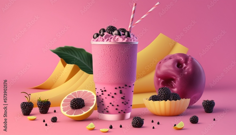  a pink smoothie with blackberries and a strawberry on the rim and a pink cup with strawberries and 