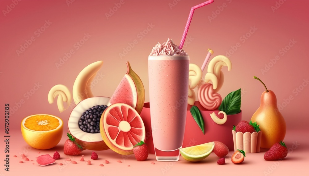  a pink smoothie with a straw in it surrounded by fruit and a banana on a pink background with a pin